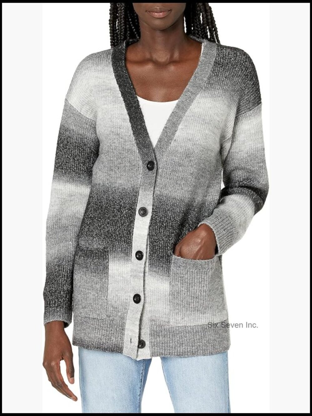 V-Neck Long Sleeve Button Front Rib-Knit Sweater Cover-Up with Pockets